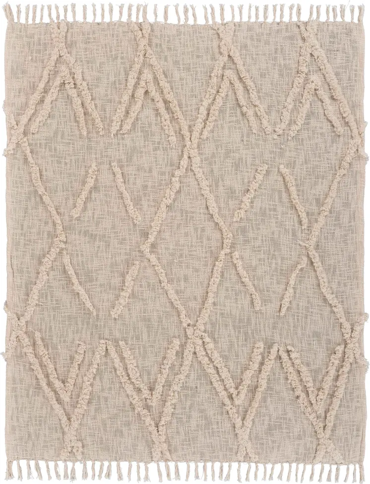 60" X 50" Beige Woven Cotton Geometric Throw Blanket with Fringe