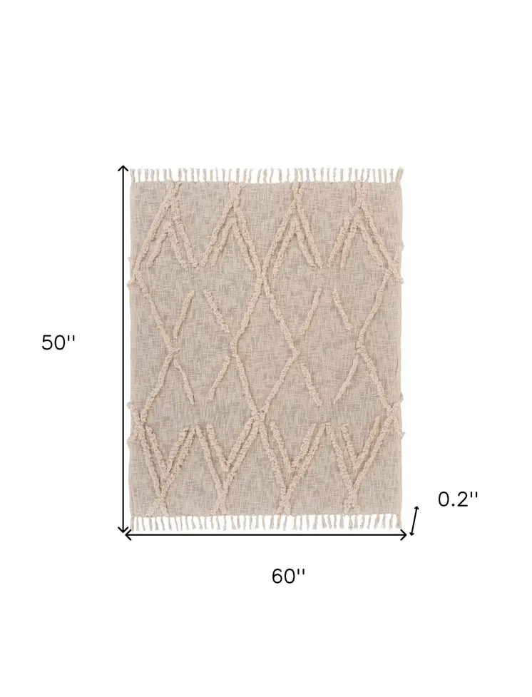 60" X 50" Beige Woven Cotton Geometric Throw Blanket with Fringe