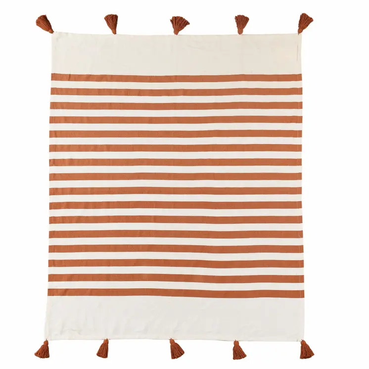50" X 60" Orange Woven Cotton Striped Throw Blanket with Tassels