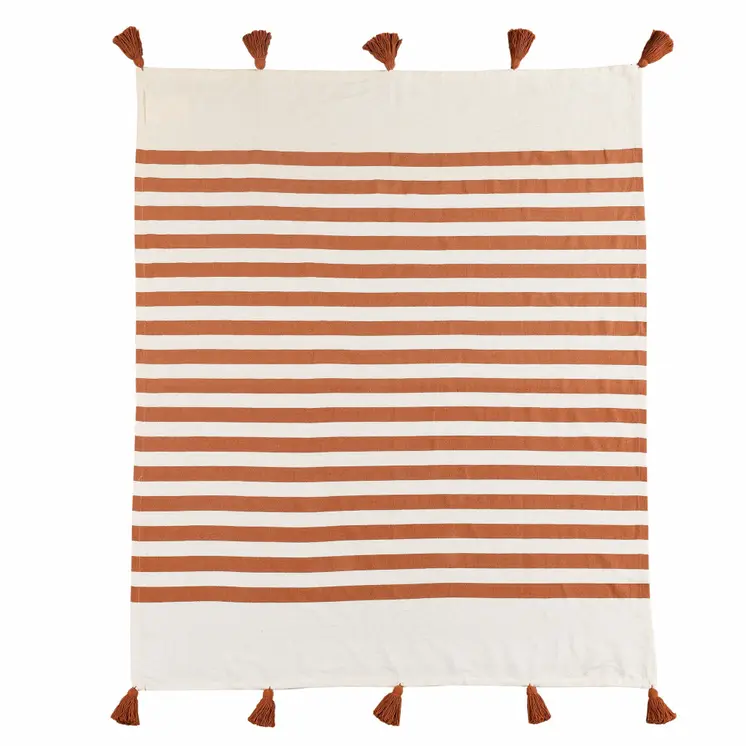 50" X 60" Orange Woven Cotton Striped Throw Blanket with Tassels