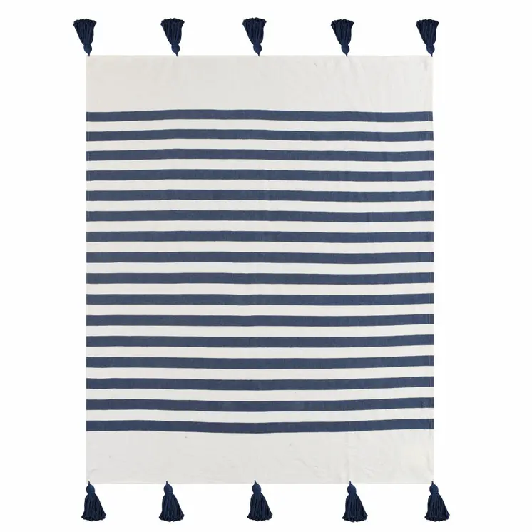 50" X 60" Blue and White Woven Cotton Striped Throw Blanket with Tassels