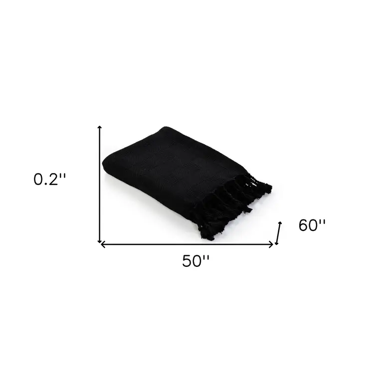 50" x 60" Black Woven Cotton Throw Blanket with Fringe
