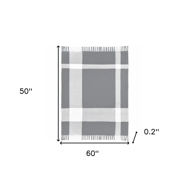 50" X 60" Gray Woven Cotton Checkered Throw Blanket with Fringe