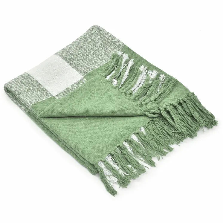 50" X 60" Green Woven Cotton Checkered Throw Blanket with Fringe