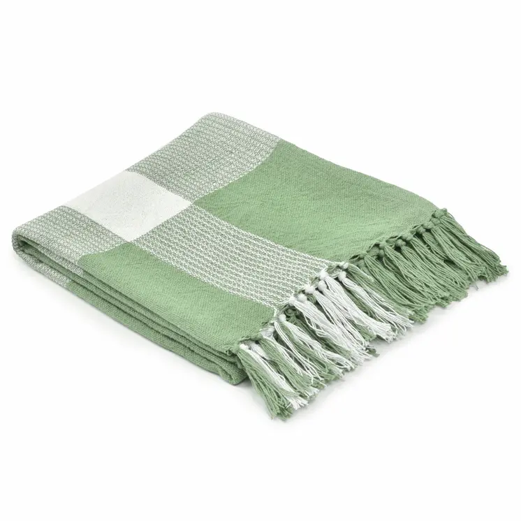 50" X 60" Green Woven Cotton Checkered Throw Blanket with Fringe