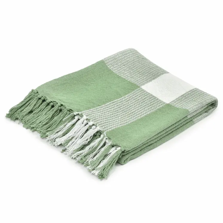 50" X 60" Green Woven Cotton Checkered Throw Blanket with Fringe