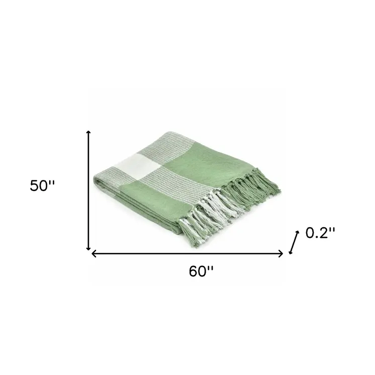 50" X 60" Green Woven Cotton Checkered Throw Blanket with Fringe