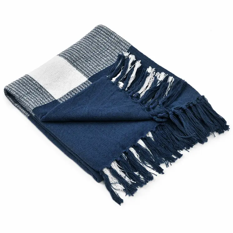 50" X 60" Blue and White Woven Cotton Checkered Throw Blanket with Fringe