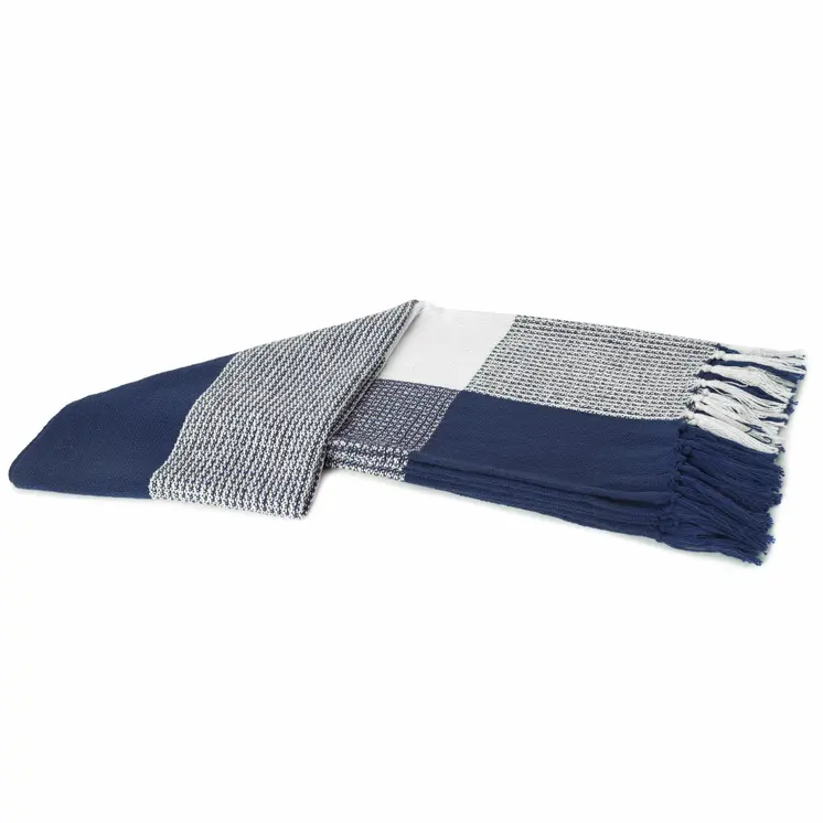 50" X 60" Blue and White Woven Cotton Checkered Throw Blanket with Fringe