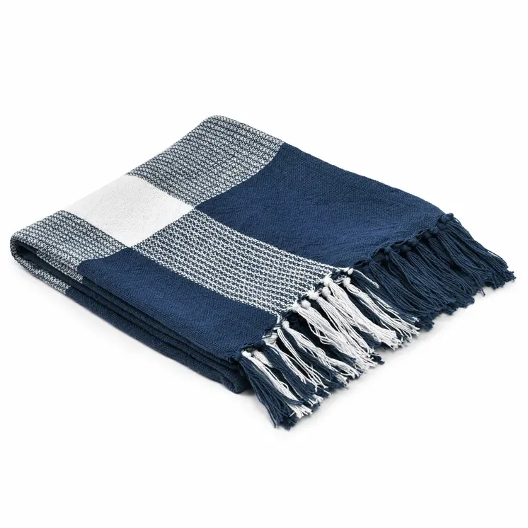 50" X 60" Blue and White Woven Cotton Checkered Throw Blanket with Fringe