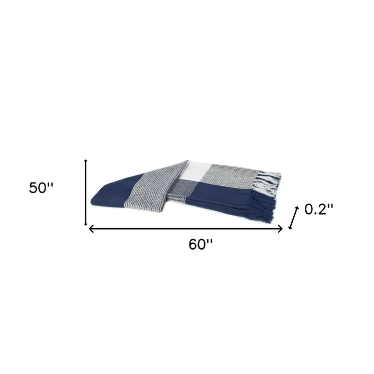 50" X 60" Blue and White Woven Cotton Checkered Throw Blanket with Fringe