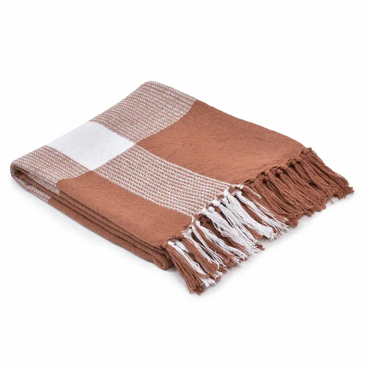 50" X 60" Brown and White Woven Cotton Checkered Throw Blanket with Fringe
