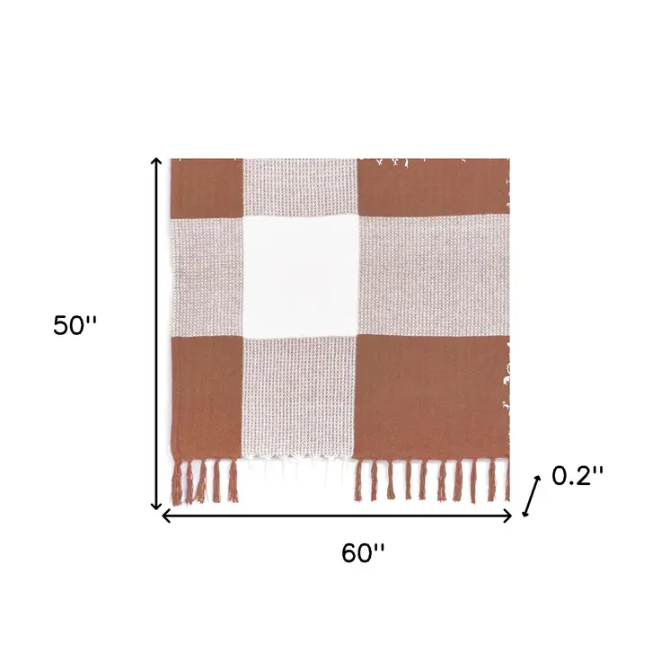 50" X 60" Brown and White Woven Cotton Checkered Throw Blanket with Fringe