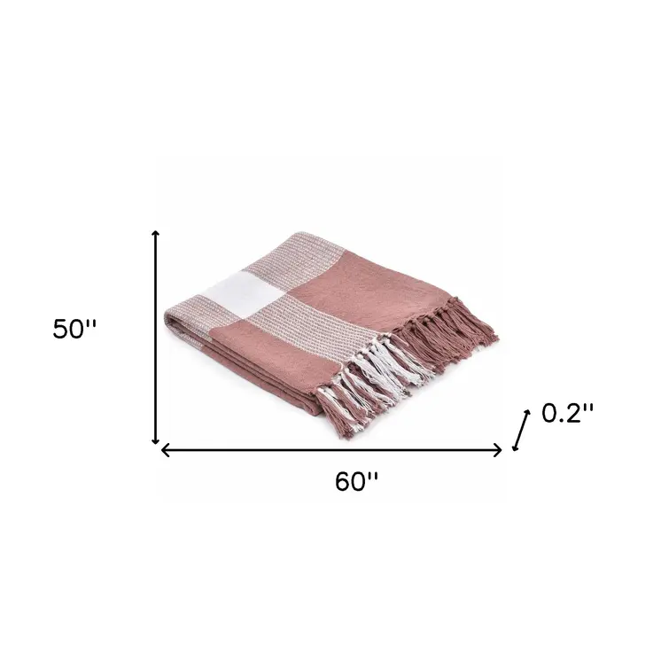 50" X 60" Pink Woven Cotton Checkered Throw Blanket with Fringe