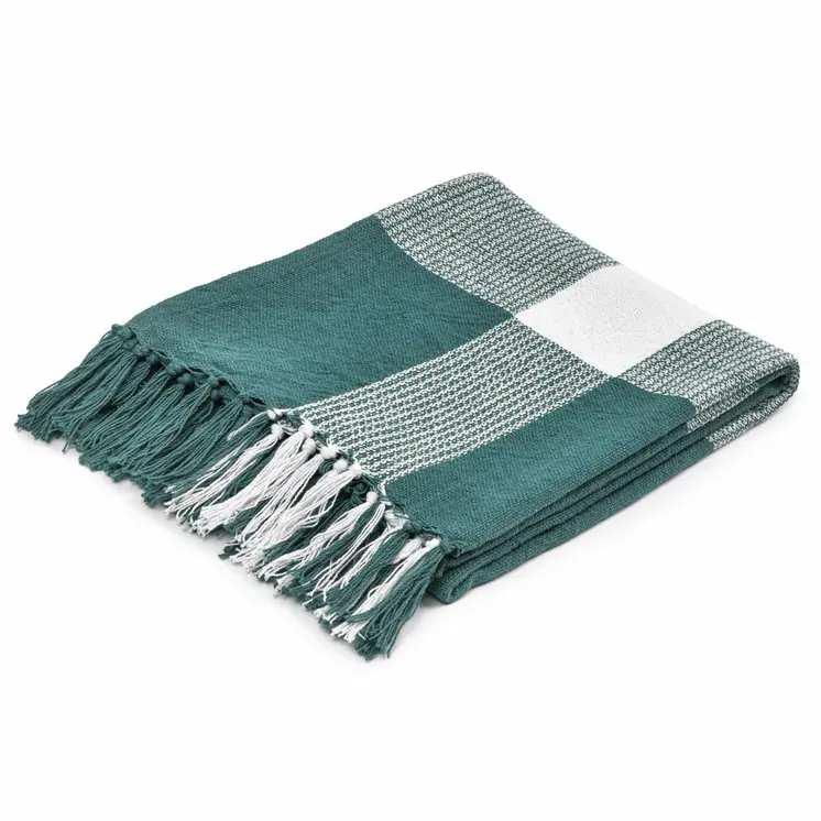 50" X 60" Green Woven Cotton Checkered Throw Blanket with Fringe