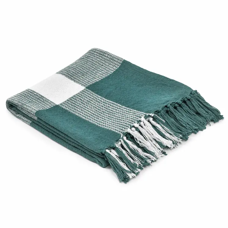 50" X 60" Green Woven Cotton Checkered Throw Blanket with Fringe