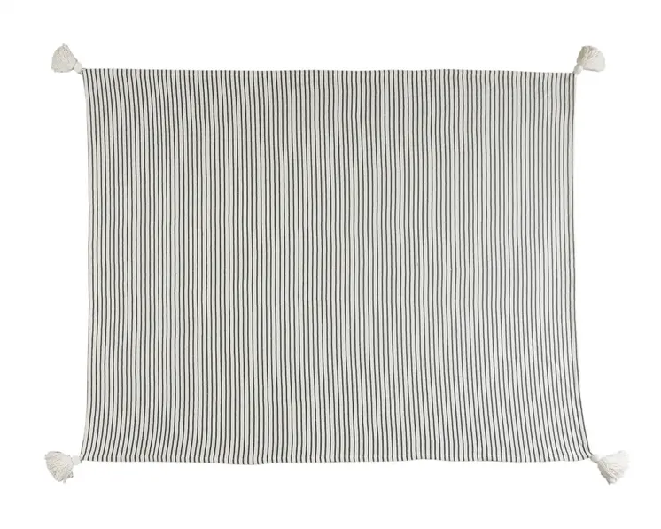 50" X 60" Black and White Woven Cotton Striped Throw Blanket with Tassels