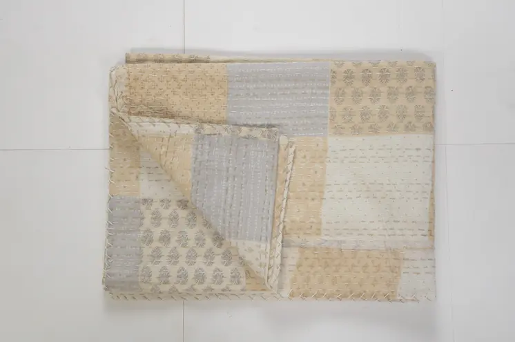 70" X 50" Beige Kantha Cotton Patchwork Throw Blanket with Embroidery