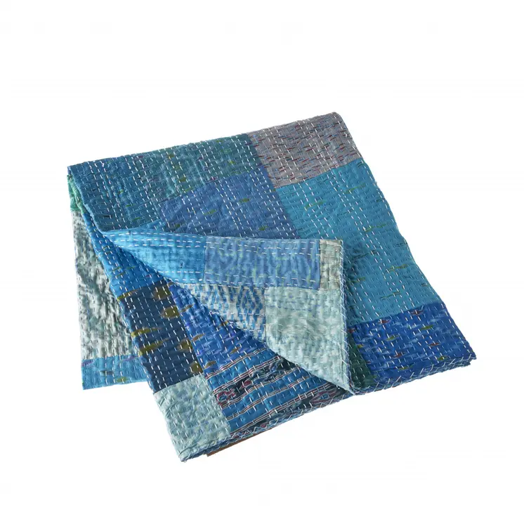 70" X 50" Blue Kantha Silk Patchwork Throw Blanket with Embroidery