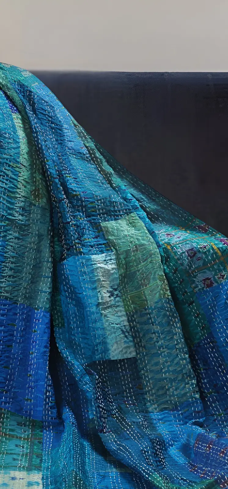 70" X 50" Blue Kantha Silk Patchwork Throw Blanket with Embroidery