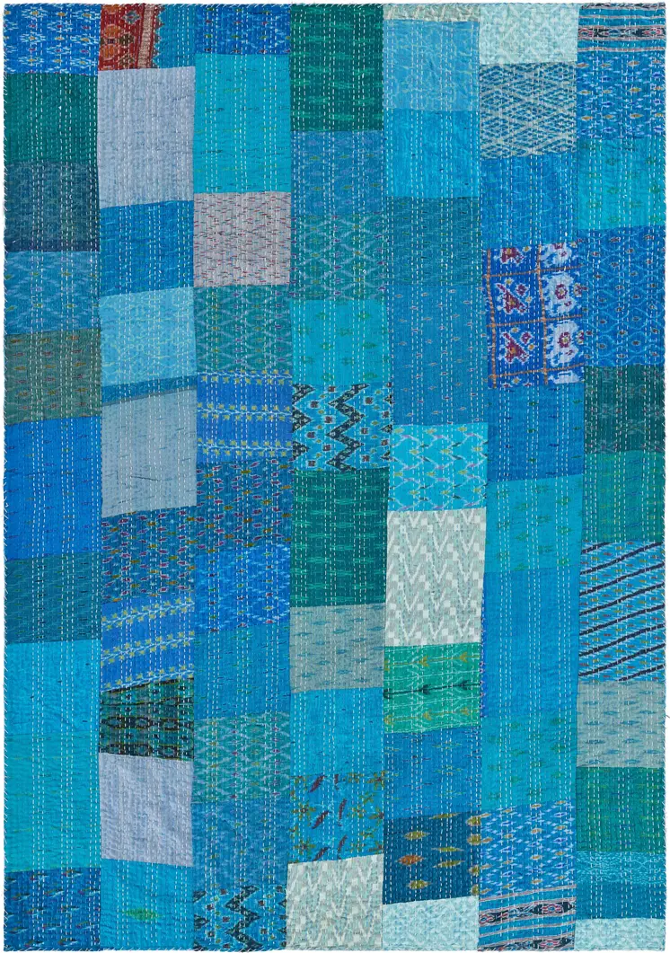 70" X 50" Blue Kantha Silk Patchwork Throw Blanket with Embroidery