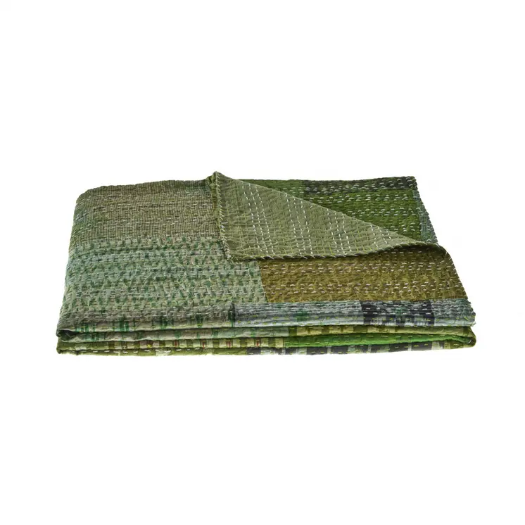 70" X 50" Green Kantha Silk Patchwork Throw Blanket with Embroidery