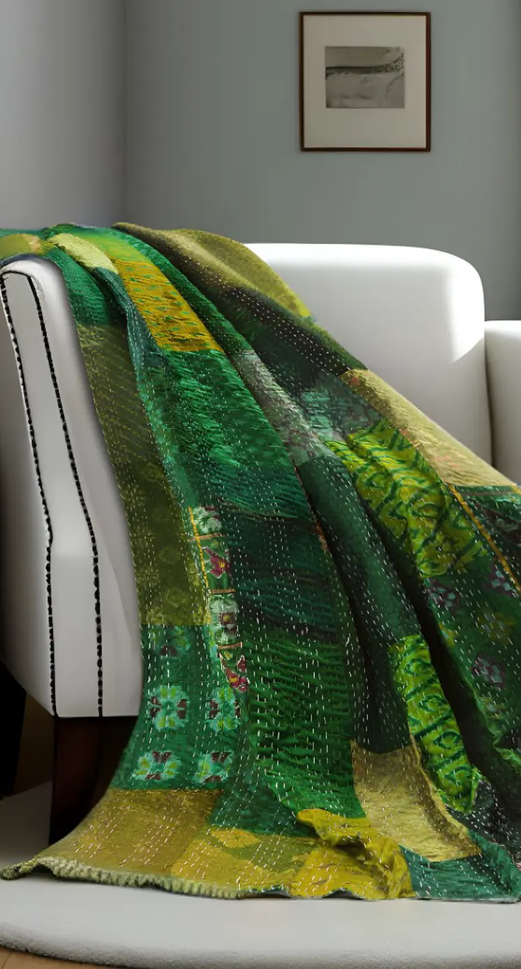 70" X 50" Green Kantha Silk Patchwork Throw Blanket with Embroidery