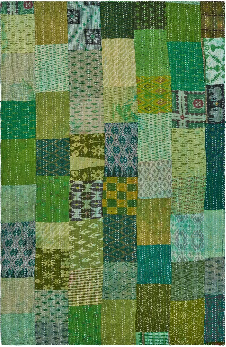 70" X 50" Green Kantha Silk Patchwork Throw Blanket with Embroidery