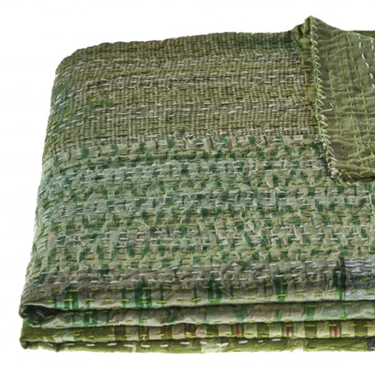 70" X 50" Green Kantha Silk Patchwork Throw Blanket with Embroidery