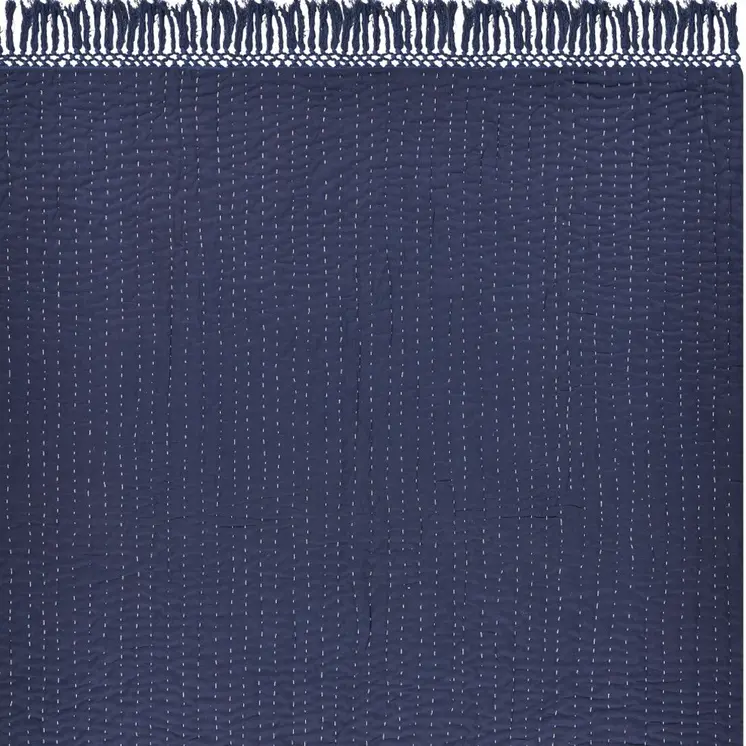 60" X 50" Blue Kantha Cotton Throw Blanket with Embroidery