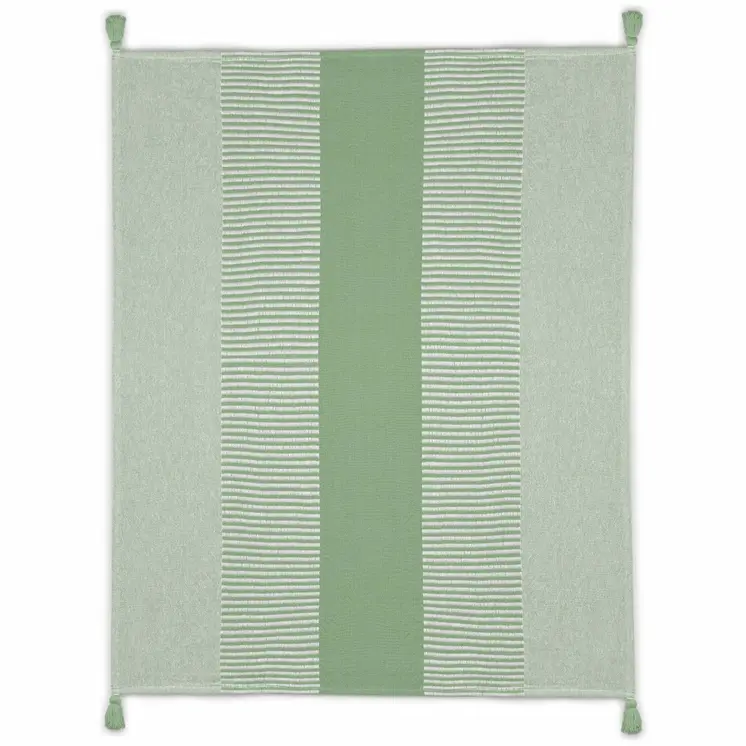 60" X 50" Green Woven Cotton Striped Throw Blanket with Tassels