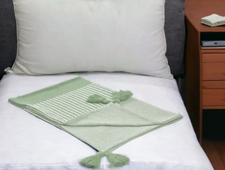60" X 50" Green Woven Cotton Striped Throw Blanket with Tassels