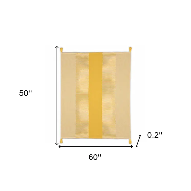 50" X 60" Yellow Woven Cotton Striped Throw Blanket with Tassels
