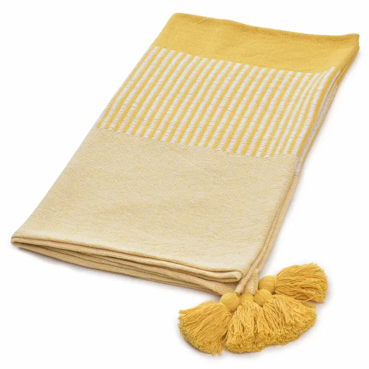 50" X 60" Yellow Woven Cotton Striped Throw Blanket with Tassels