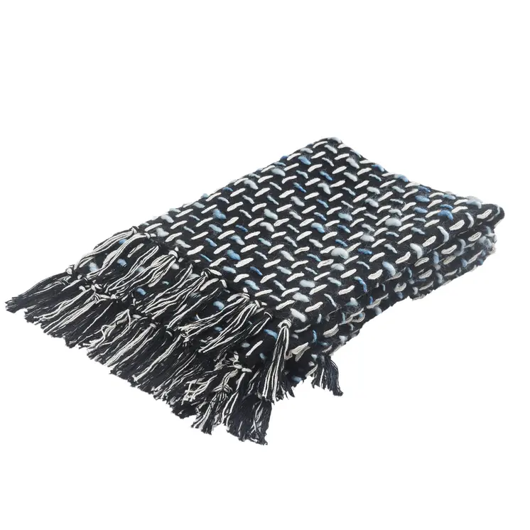 Black and Blue Woven Cotton Geometric Throw Blanket
