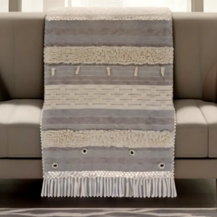 60" X 50" Gray Woven Cotton Striped Throw Blanket with Fringe