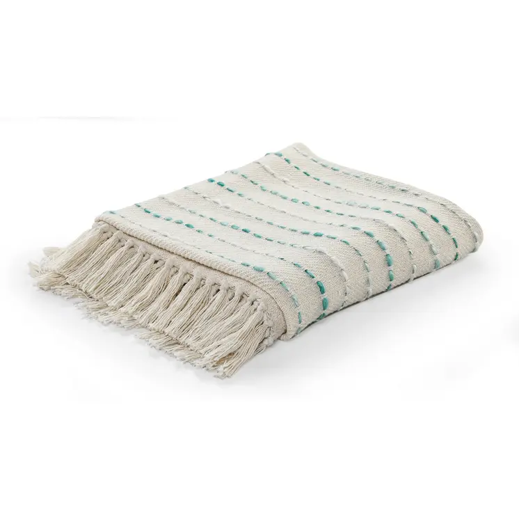 50" X 60" Cream Kantha Cotton Striped Throw Blanket with Embroidery