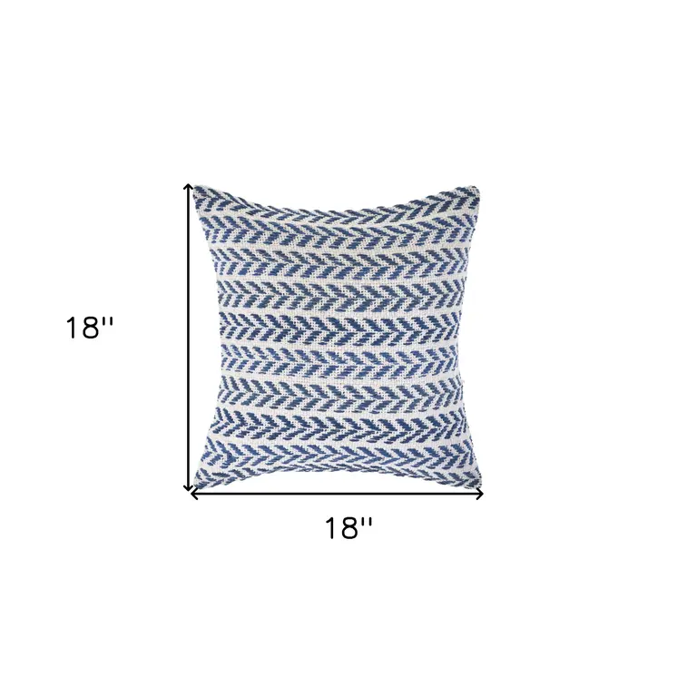 18" X 18" Blue And White 100% Cotton Chevron Zippered Pillow