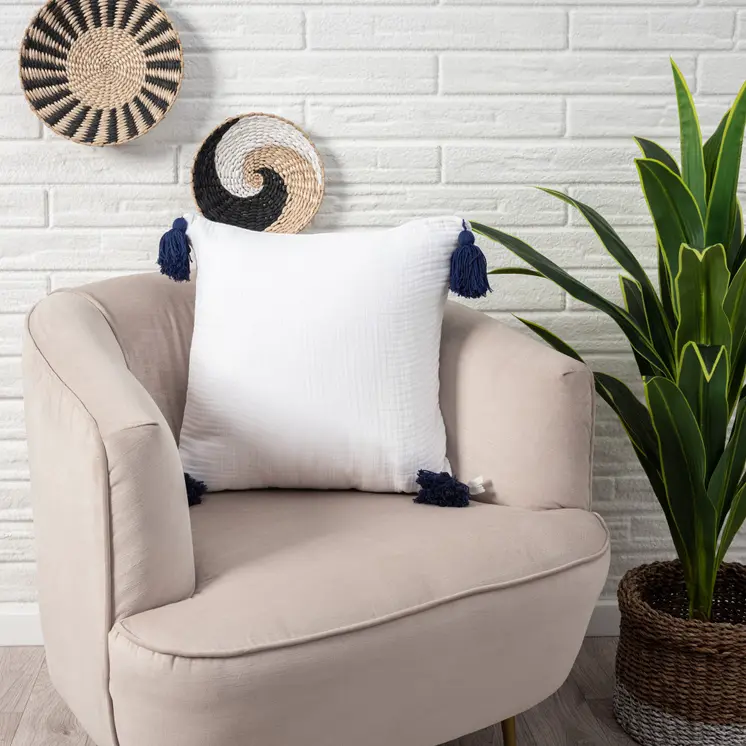 20" X 20" White And Blue 100% Cotton Zippered Pillow