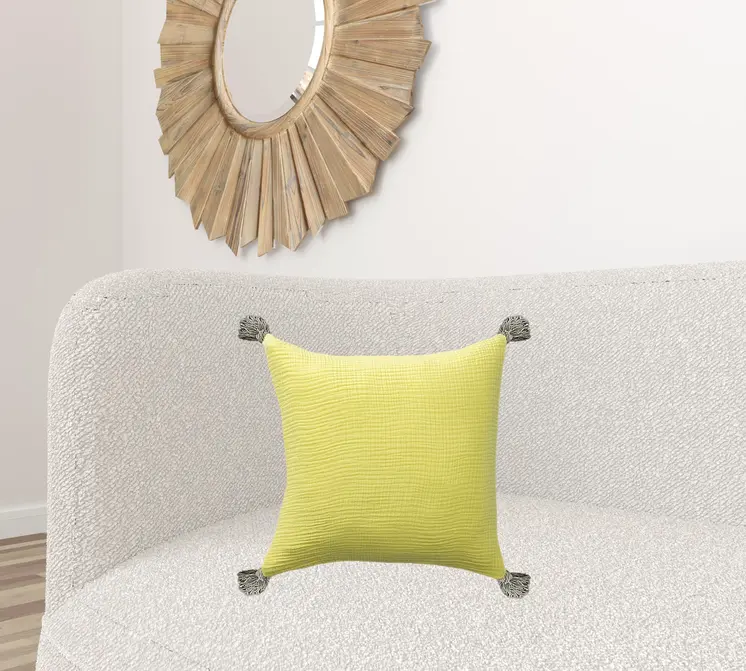 20" X 20" Yellow And Gray 100% Cotton Zippered Pillow