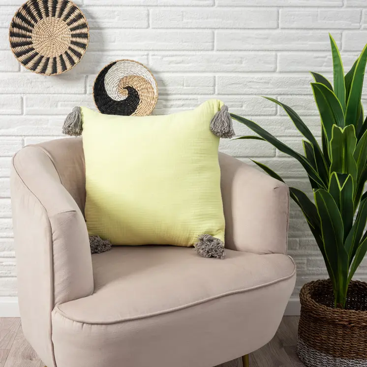 20" X 20" Yellow And Gray 100% Cotton Zippered Pillow