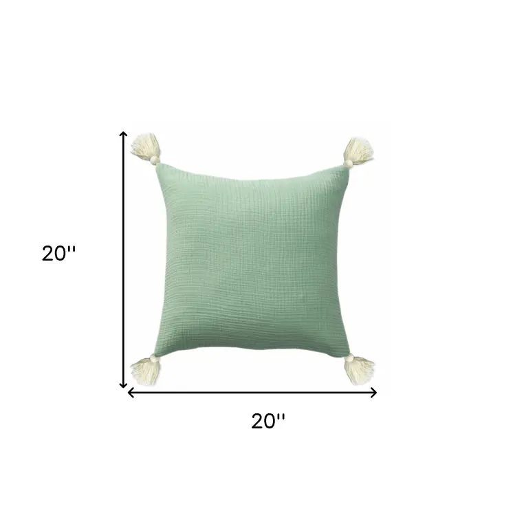 20" X 20" Green And Ivory 100% Cotton Zippered Pillow