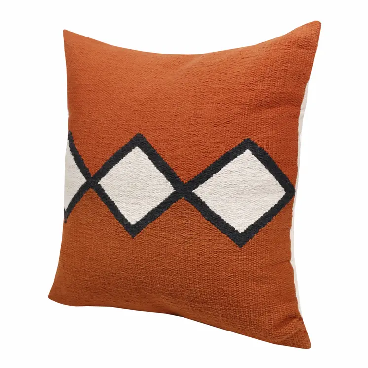20" Orange Black And White Cotton Diamond Throw Pillow