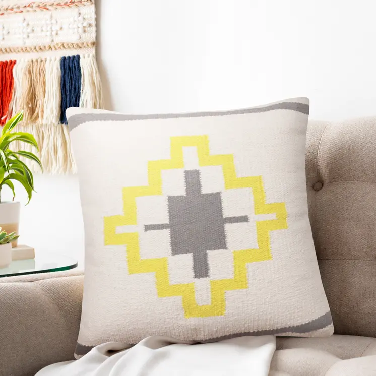 20" X 20" Gray White And Yellow 100% Cotton Geometric Zippered Pillow
