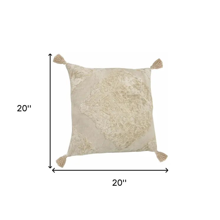 20" Cream Viscose Throw Pillow with Tassels