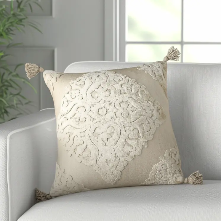 20" Cream Viscose Throw Pillow with Tassels