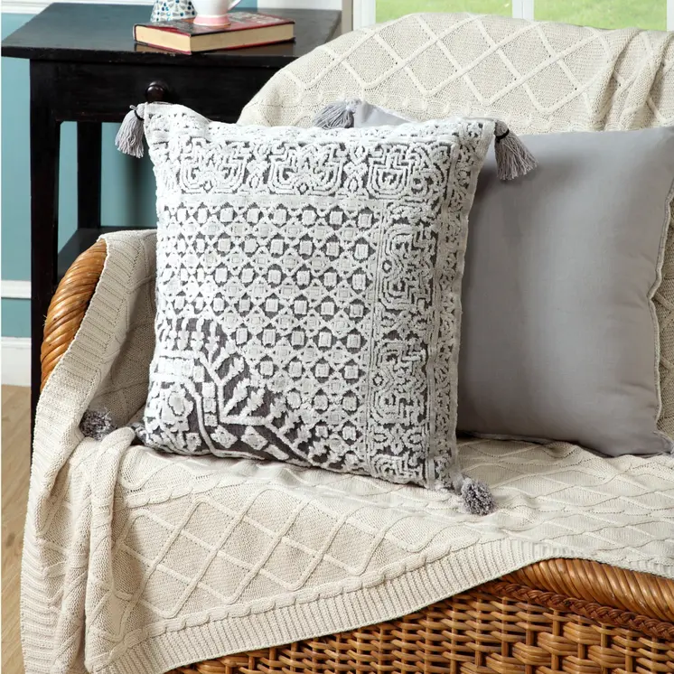 20" X 20" Silver Gray And Dark Gray Viscose Geometric Zippered Pillow