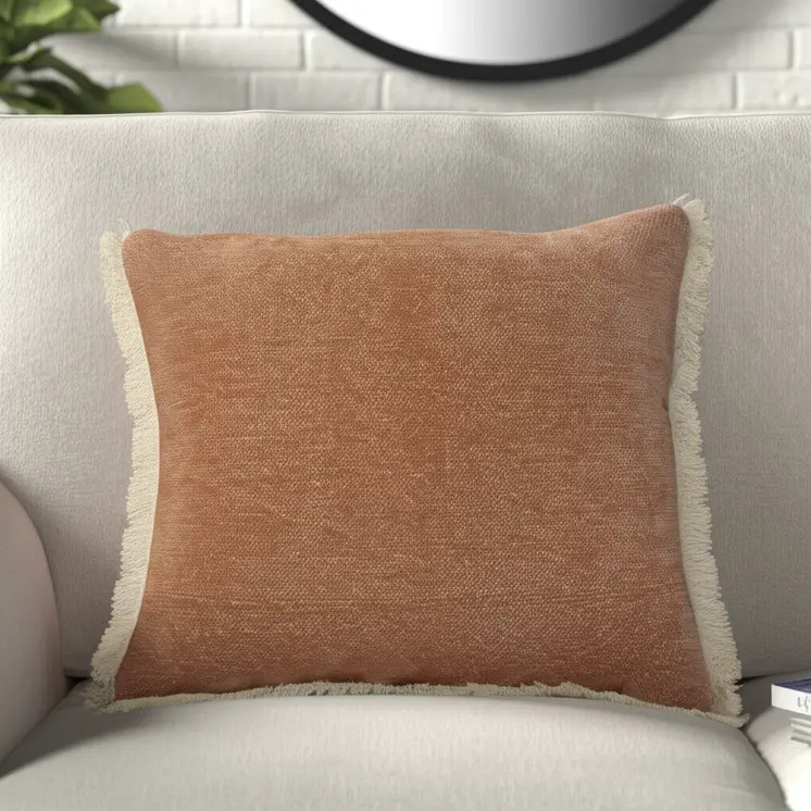 20" Orange And Tan Cotton Color Block Throw Pillow with Fringe