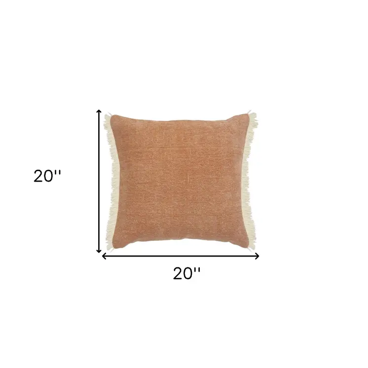 20" Orange And Tan Cotton Color Block Throw Pillow with Fringe