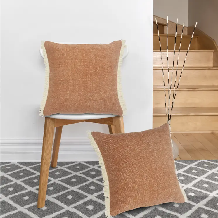 20" Orange And Tan Cotton Color Block Throw Pillow with Fringe